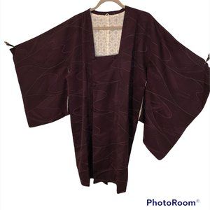 Traditional Vintage 100% SILK eggplant purple print on prinKIMONO top one size L